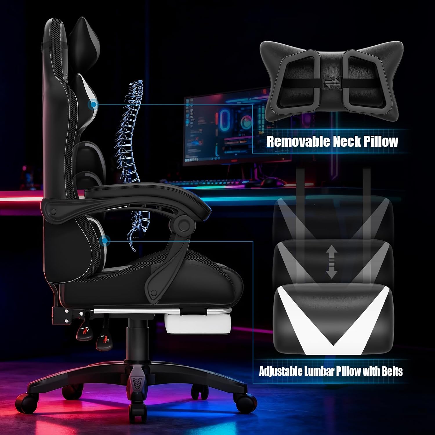 Czlolo Gaming Chair, Racing Style RGB LED Lights Gaming Chairs for Adults and Kids, Lumbar Massager Gamer Chair, High Back Reclining Computer Chair with Footrest and Headrest (Black/White)