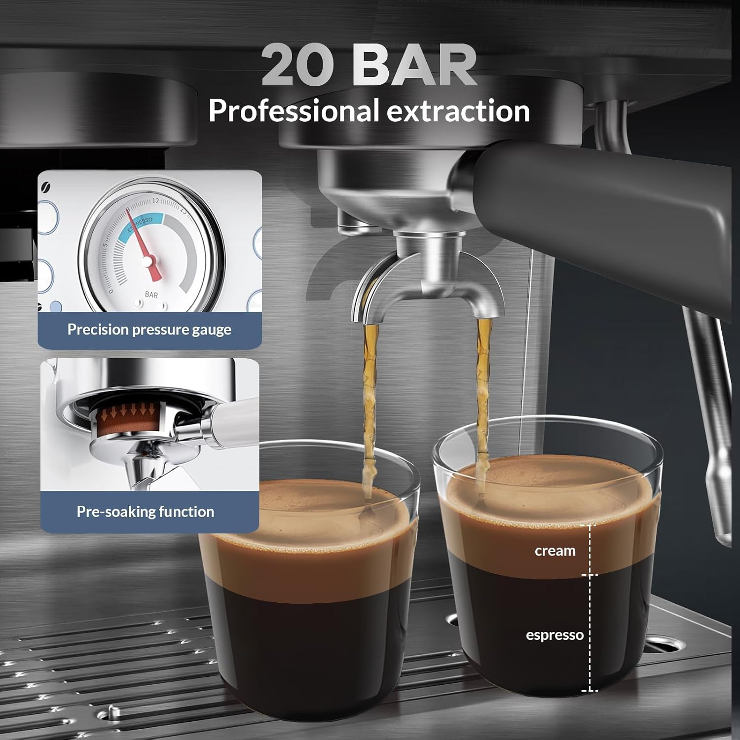 Espresso Machine with Grinder, 20 Bar Semi-Automatic Coffee Maker with Milk Frother Steam Wand, PID Temperature Control, 95 OZ Water Tank, for Cappuccino, Latte, Macchiato, Home Barista, Light Gray