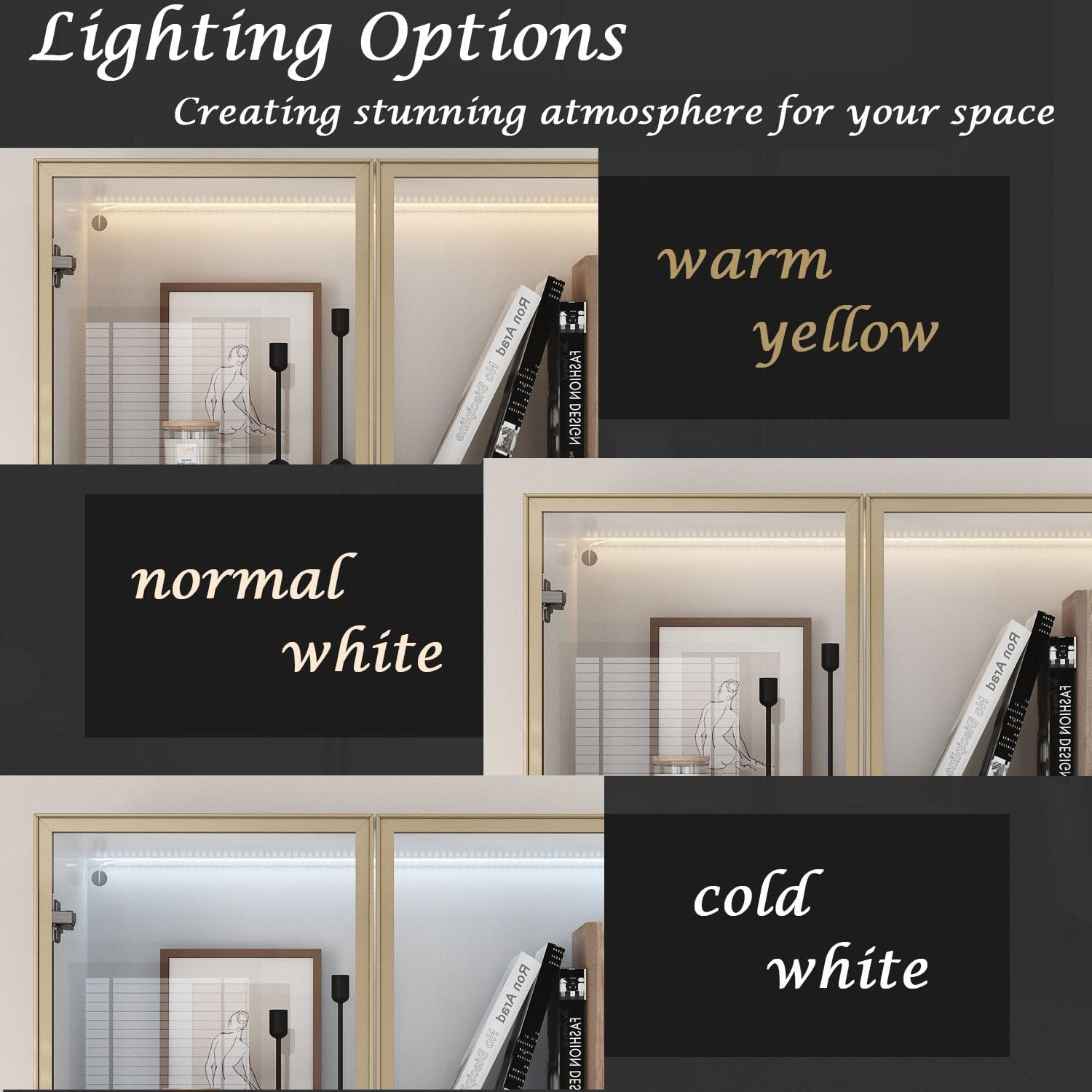 Display Cabinet with 4 Glass Doors and Lights, 5-Tier Shelves & Pop-up Design, Display Cabinet for Collectibles, Display Case White and Champagne Gold (31.5'W x 14.2'D x 78.7'H)