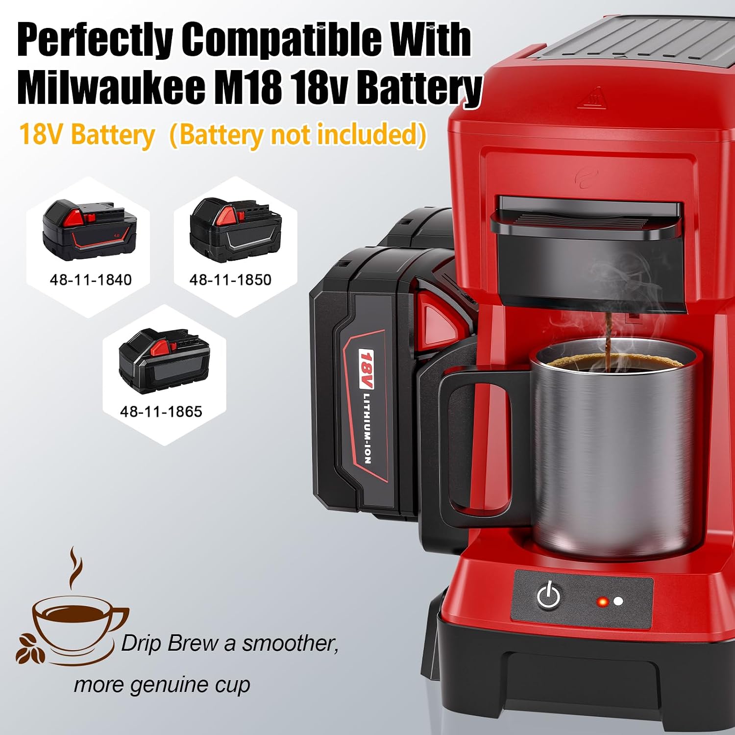 Taingwei Cordless Coffee Maker for Milwaukee M18 18V Battery, Portable Drip Coffee Maker with Electric Coffee Grinder for RV, Camping, Travel, Car, Hiking (Battery Not Included)