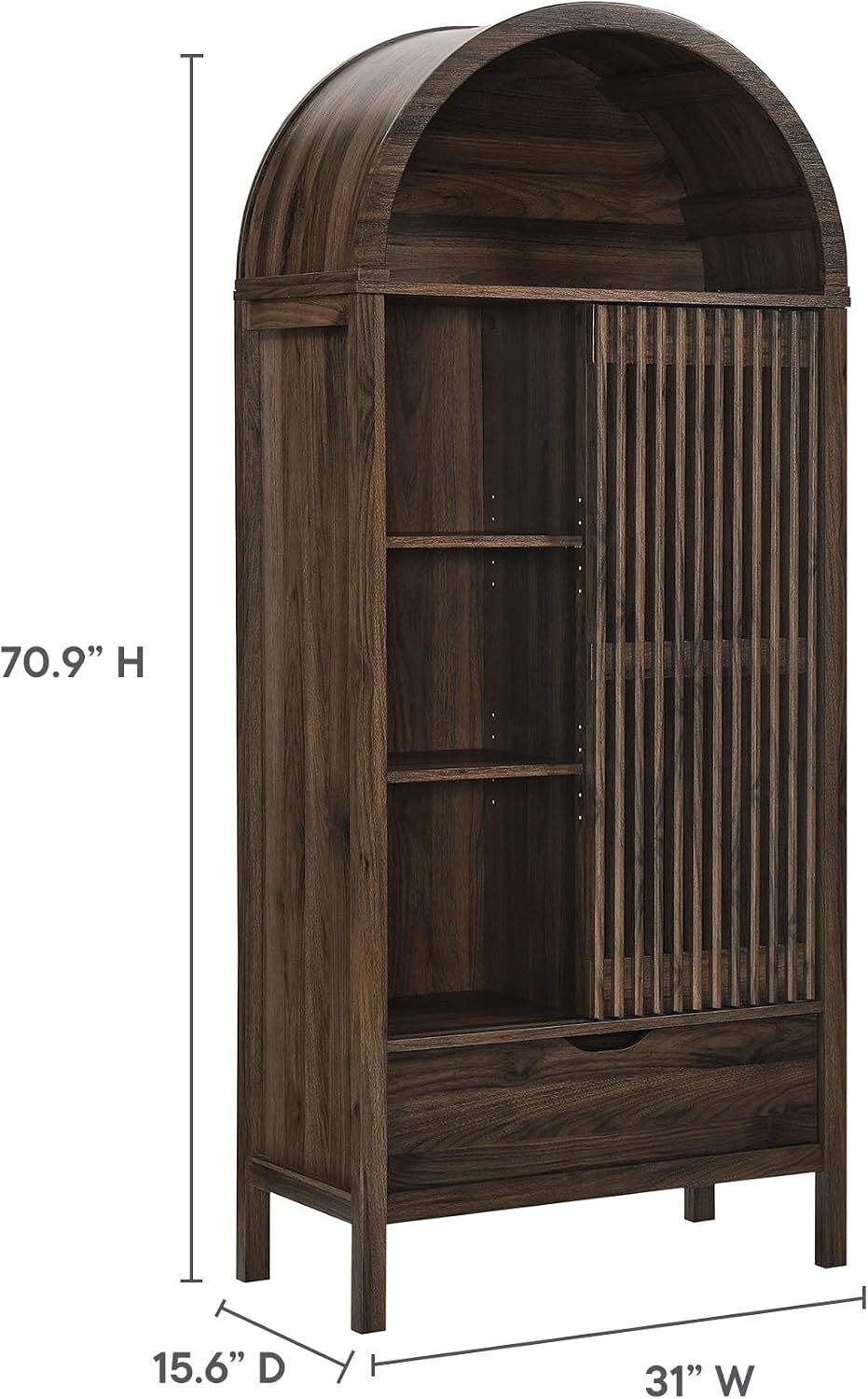 Modway Vaughn 71 Inch Arched Display Cabinet in Walnut - Modern Arch Bookcase with Drawer and Adjustable Shelves - Tall Storage Cabinet for Living Room, Dining Room, Hallway