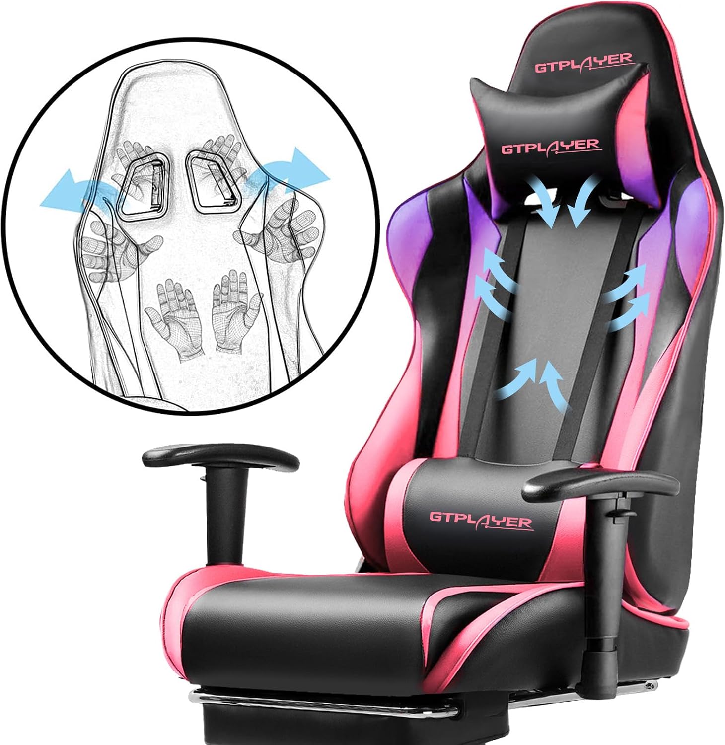 GTPLAYER Gaming Chair with Footrest, Ergonomic Computer Game Desk Chair, Reclining Game Chair Seat Height Adjustment, Swivel Rocker with Headrest and Lumbar (Colorful)
