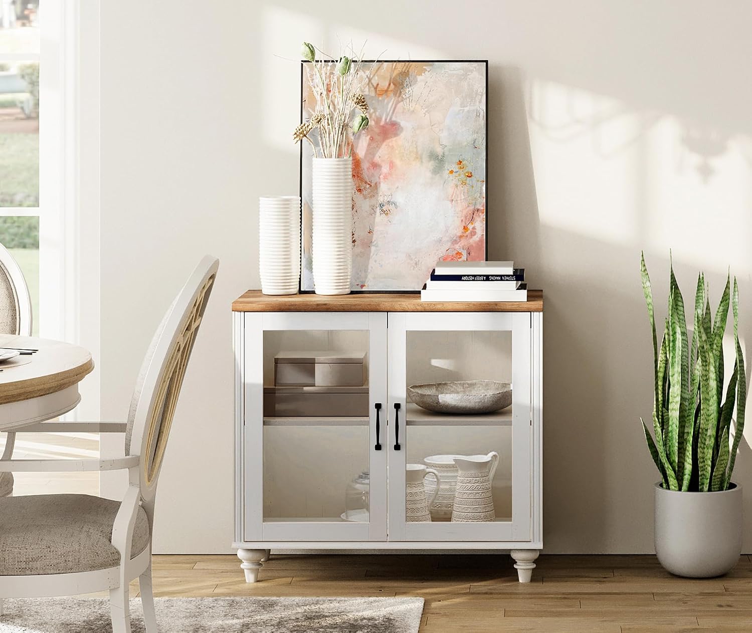 WAMPAT Sideboard Buffet Cabinets with Glass Door, Kitchen Storage Cabinets with Curved Edge, Wood Coffee Bar Tables with Vintage Gourd Leg, Accent Table for Dining Room, Living Room, Off White