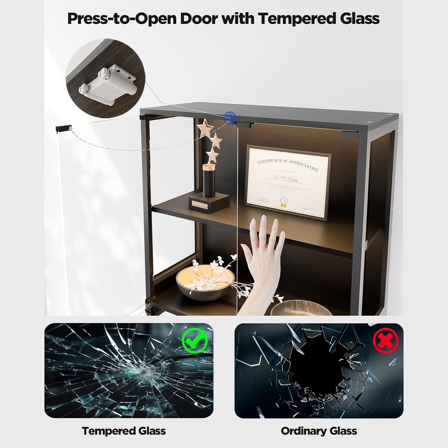 Glass Display Cabinet, 5-Tier Curio Cabinet with Glass Doors, Dimming LED Lights & Motion Sensor, for Collectible Figures, Living Room, Bedroom, or Office (Iron Frame Black)