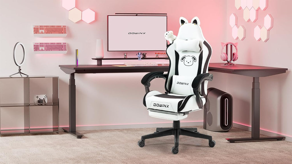 Dowinx Gaming Chair Cute with Plush Doggy and Massage Lumbar Support, Ergonomic Computer Chair for Girl with Footrest and Headrest, Comfortable Game Chair 290lbs for Adult, Teen, Black and White