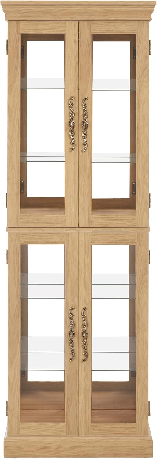 Lighted Glass Curio Cabinet with Lights & Adjustable Shelves,Corner Curio Display Cabinet with Wood Frame (Free Standing,Light Bulb Include)