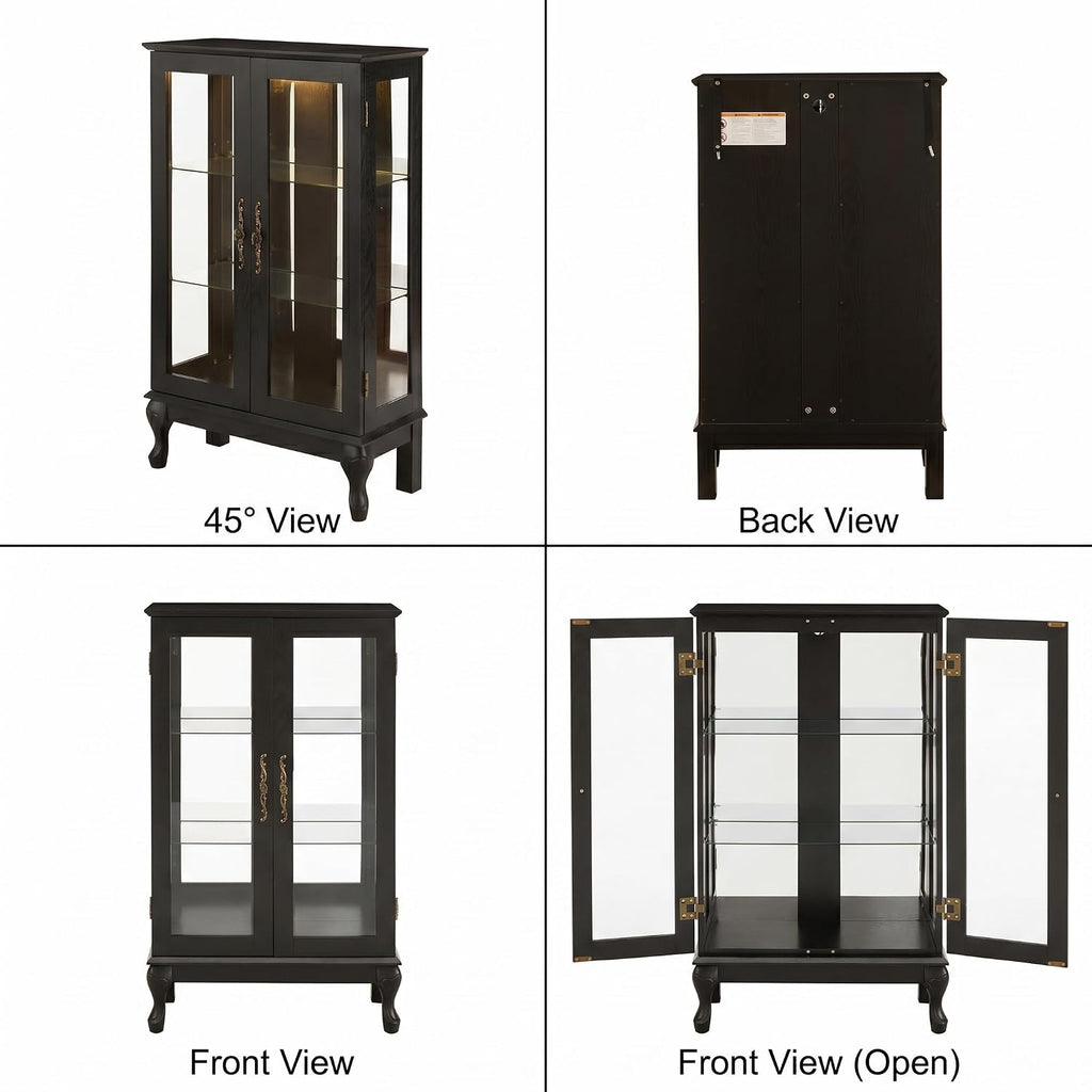 Casaphoria Lighted Curio Display Cabinet with Glass Doors, Display Cabinets for Collectibles with Mirrored Back and Adjustable Tempered Glass Shelves for Living Room, Entryway (Black