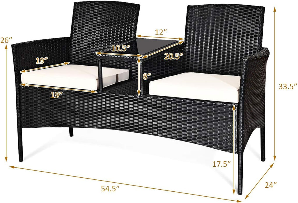 Tangkula Wicker Patio Conversation Furniture Set, Outdoor Furniture Set with Removable Cushions & Table, Tempered Glass Top, Modern Rattan Bench for Garden Lawn Backyard (White)