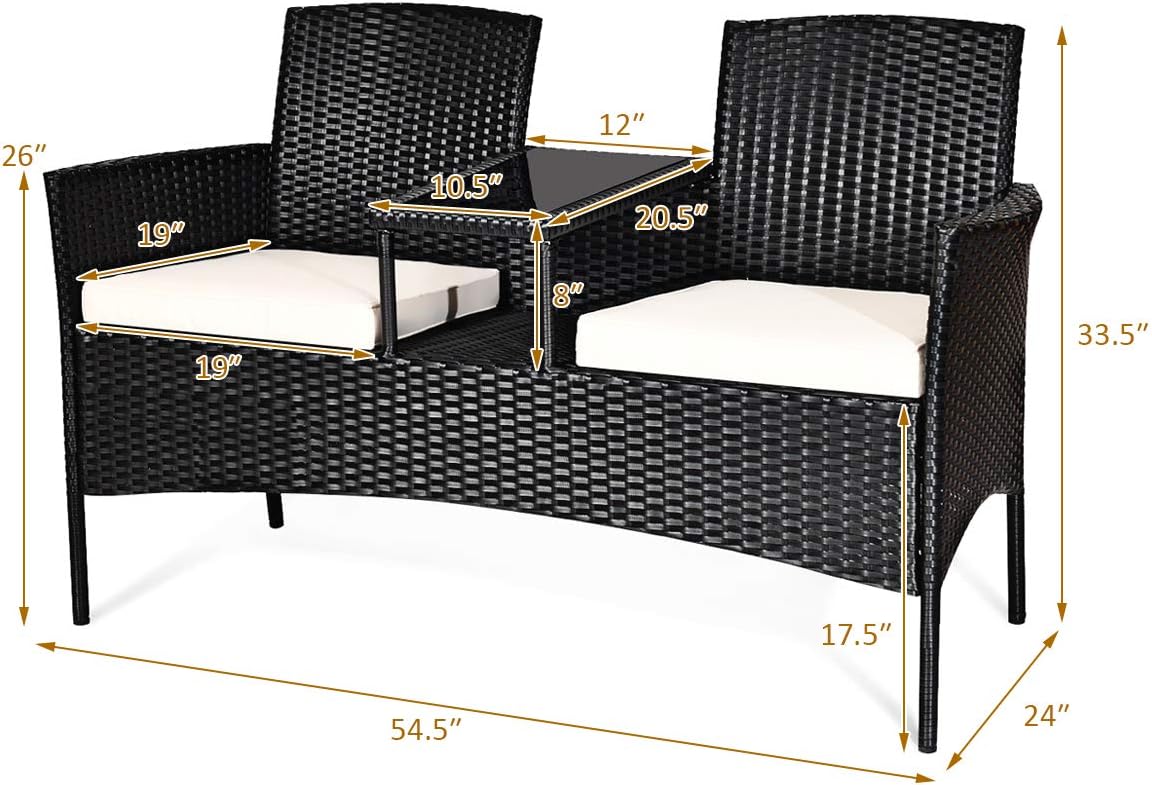 Tangkula Wicker Patio Conversation Furniture Set, Outdoor Furniture Set with Removable Cushions & Table, Tempered Glass Top, Modern Rattan Bench for Garden Lawn Backyard (White)