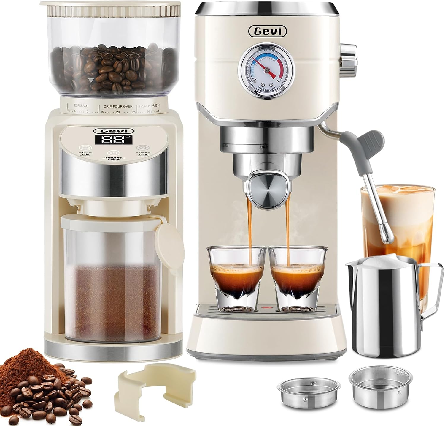 Gevi 20 Bar Espresso Coffee Machine with Burr Grinder Set | 35 Precise Grind Settings | Milk Frother for Latte Cappuccino | Professional Home Barista Kit | Gift for Coffee Lovers