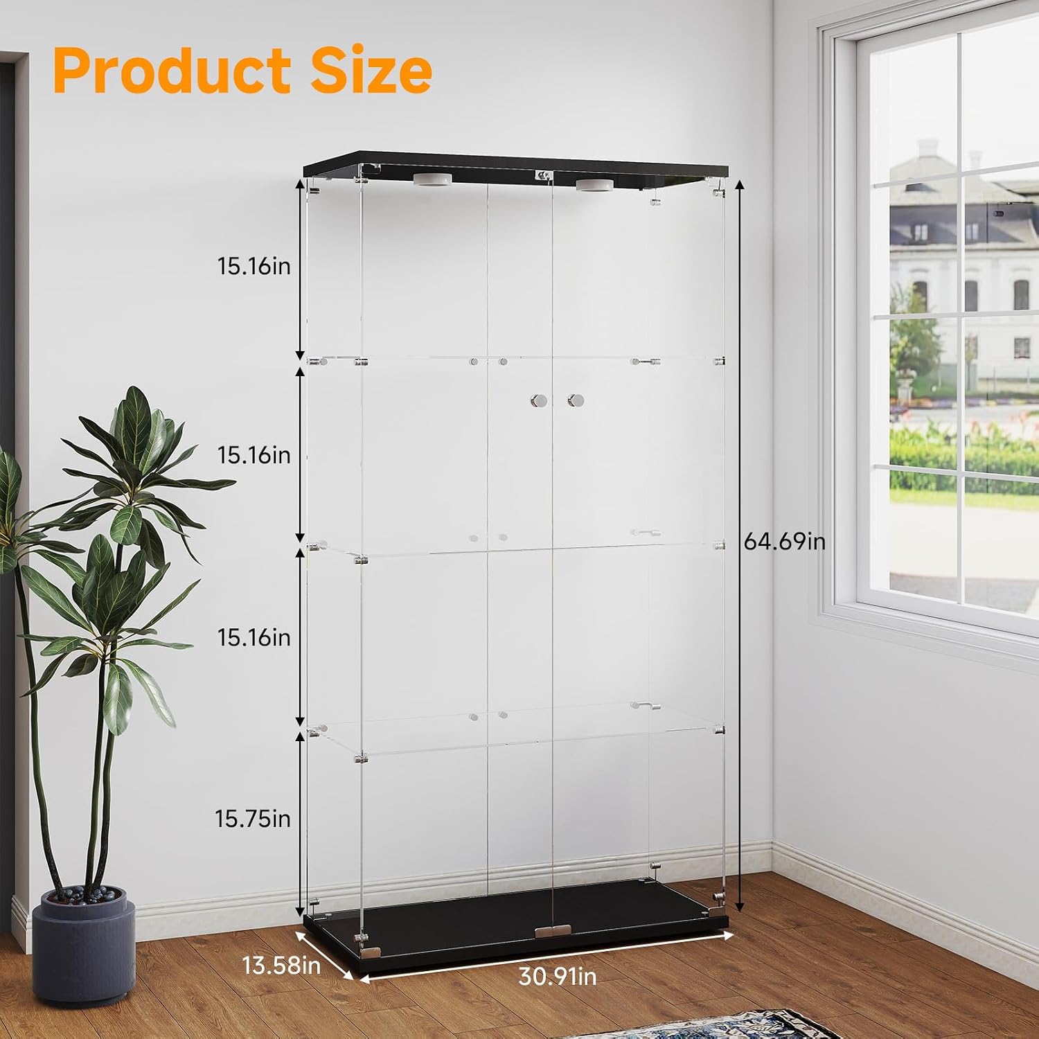 Zevemomo Tempered Glass Display Cabinet with Lights, 4-Tier Curio Cabinet with Glass Doors and Lock, Glass Display Case for Collectibles, for Living Room, Bedroom, Office, Black, Double Door