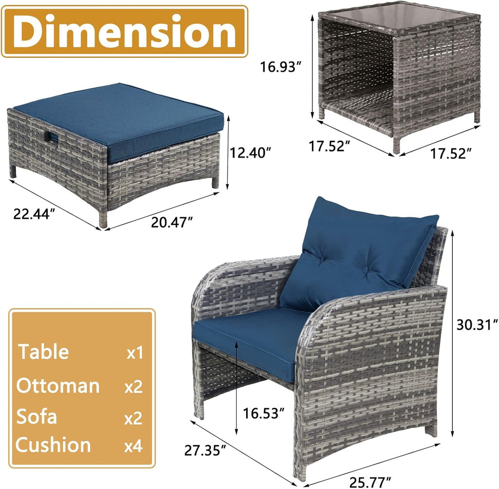 5 Pieces Wicker Outdoor Patio Chairs with Ottomans, All Weather PE Rattan Outdoor Conversation Set Bistro Patio Furniture Set with Hidden Ottoman for Porch Backyard Balcony, Blue