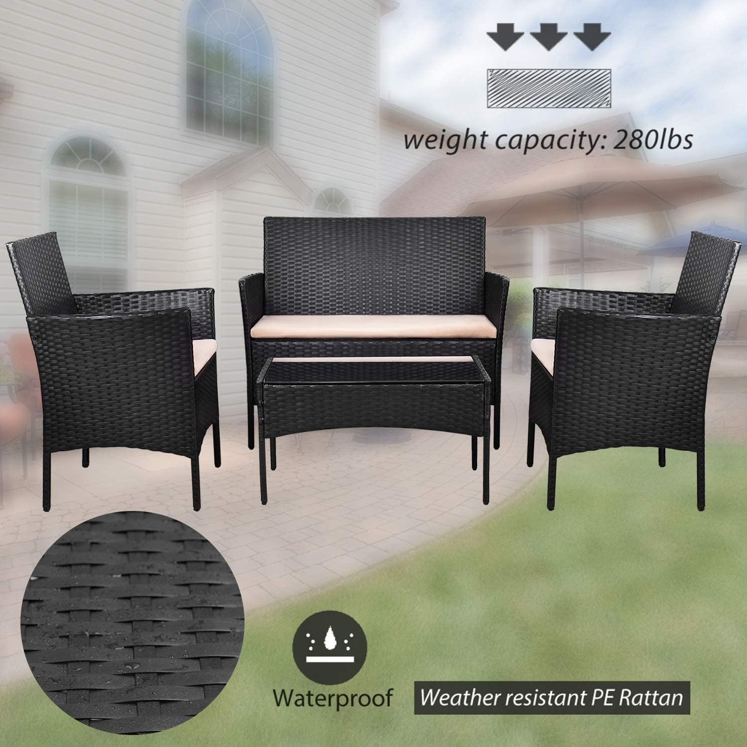 Homall 4 Pieces Outdoor Patio Furniture Sets Rattan Chair Wicker Set,Outdoor Indoor Use Backyard Porch Garden Poolside Balcony Furniture (Black and Beige)
