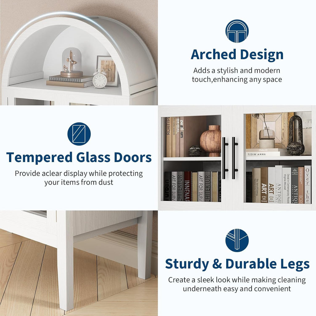 GarveeHome 70 in Tall Arched Kitchen Pantry Cabinet with LED Lights, Modern Wood Arched Bookshelf with Glass Doors & Adjustable Shelves, Elegant Display Cabinet for Kitchen, Dining Room, Living Room