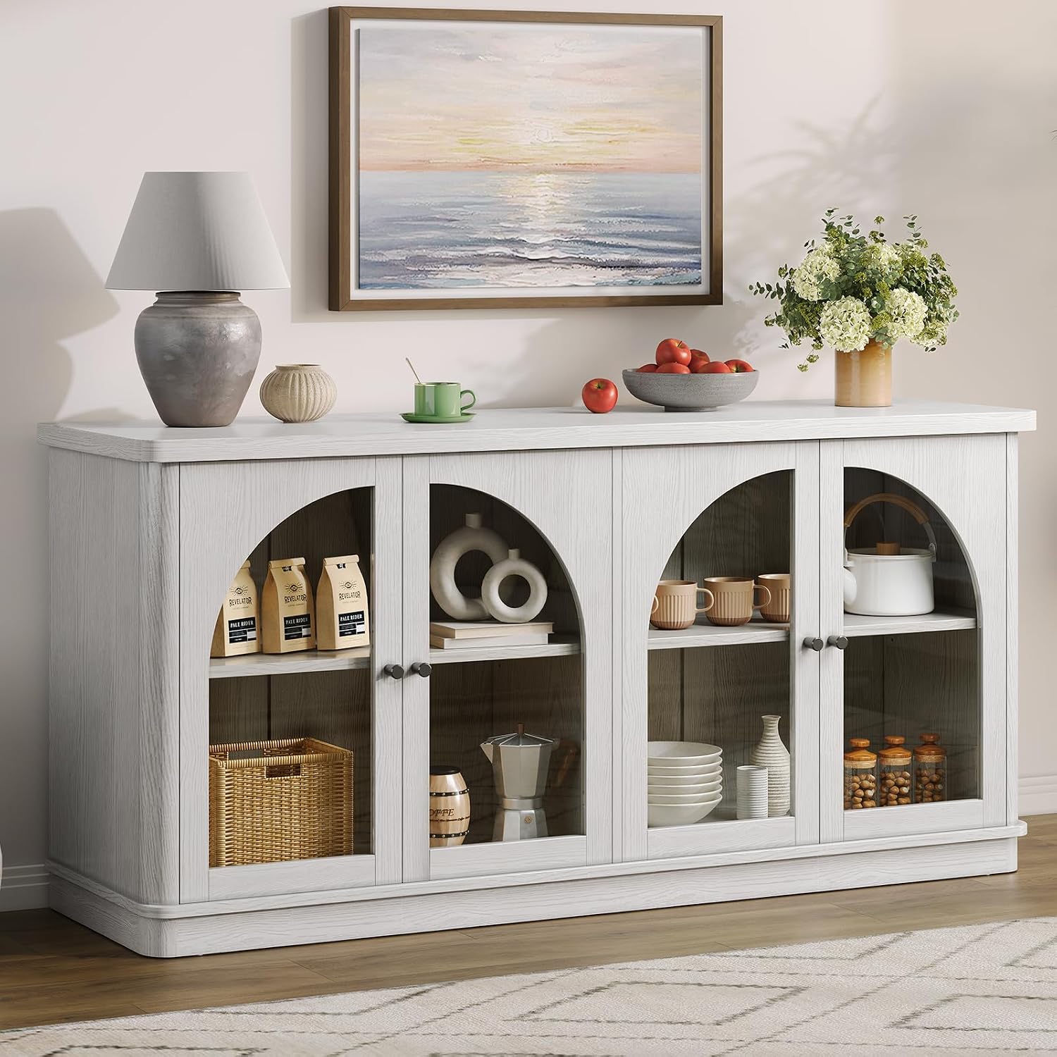 63 Inch Sideboard Buffet Cabinet, Modern Arched Buffet with Glass Doors, Large Curved Cabinets with Storage, Console Credenza w/Adjustable Shelves for Living Room, Kitchen, Entryway, White Oak