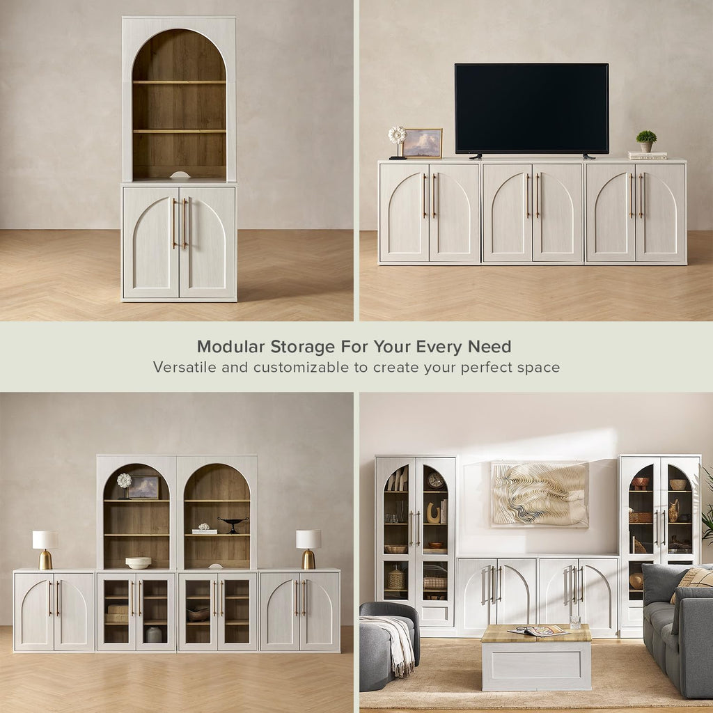 mopio Blake Storage Cabinet, Small Modular Accent Display Sideboard Buffet Cabinet with Storage, Media Console Credenza, for Kitchen, Coffee Bar, Pantry, Living Room (White Oak Arched, Single)