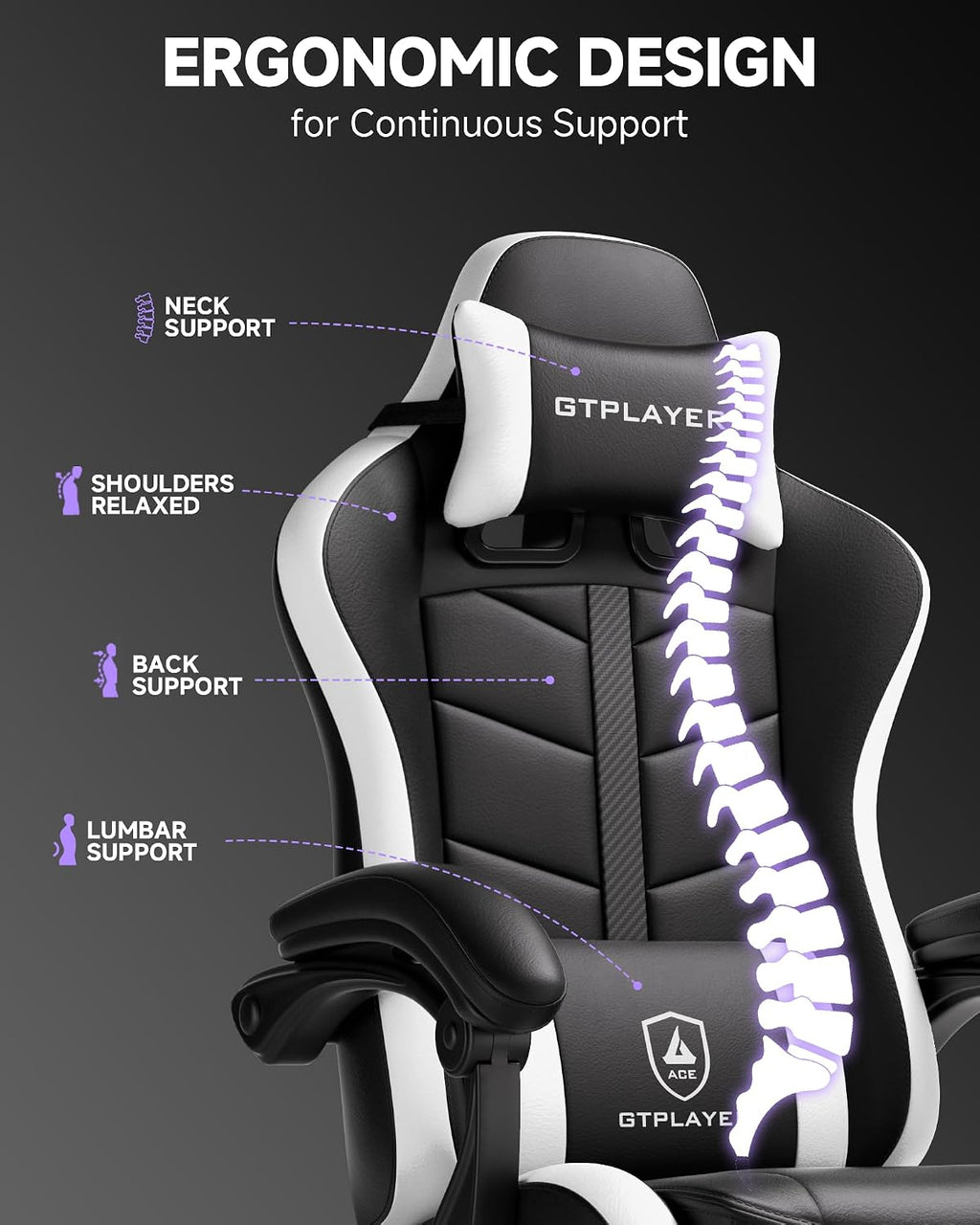 GTPLAYER Gaming Chair, Computer Gaming Chairs for Adults with Footrest, Height Adjustable PC Game Chair with 90-155° Recline & Removable Headrest Lumbar Support, Black-White