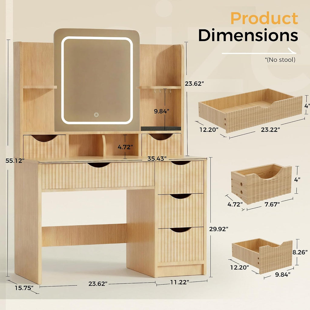 Vanity Desk with Mirror and Lights, Makeup Vanity Table with Large 6 Drawers Modern Fluted Wooden Dressing Table with Jewelry Hook 3 Color Modes Adjustable LED Mirror for Women Girls Bedroom or Dorm