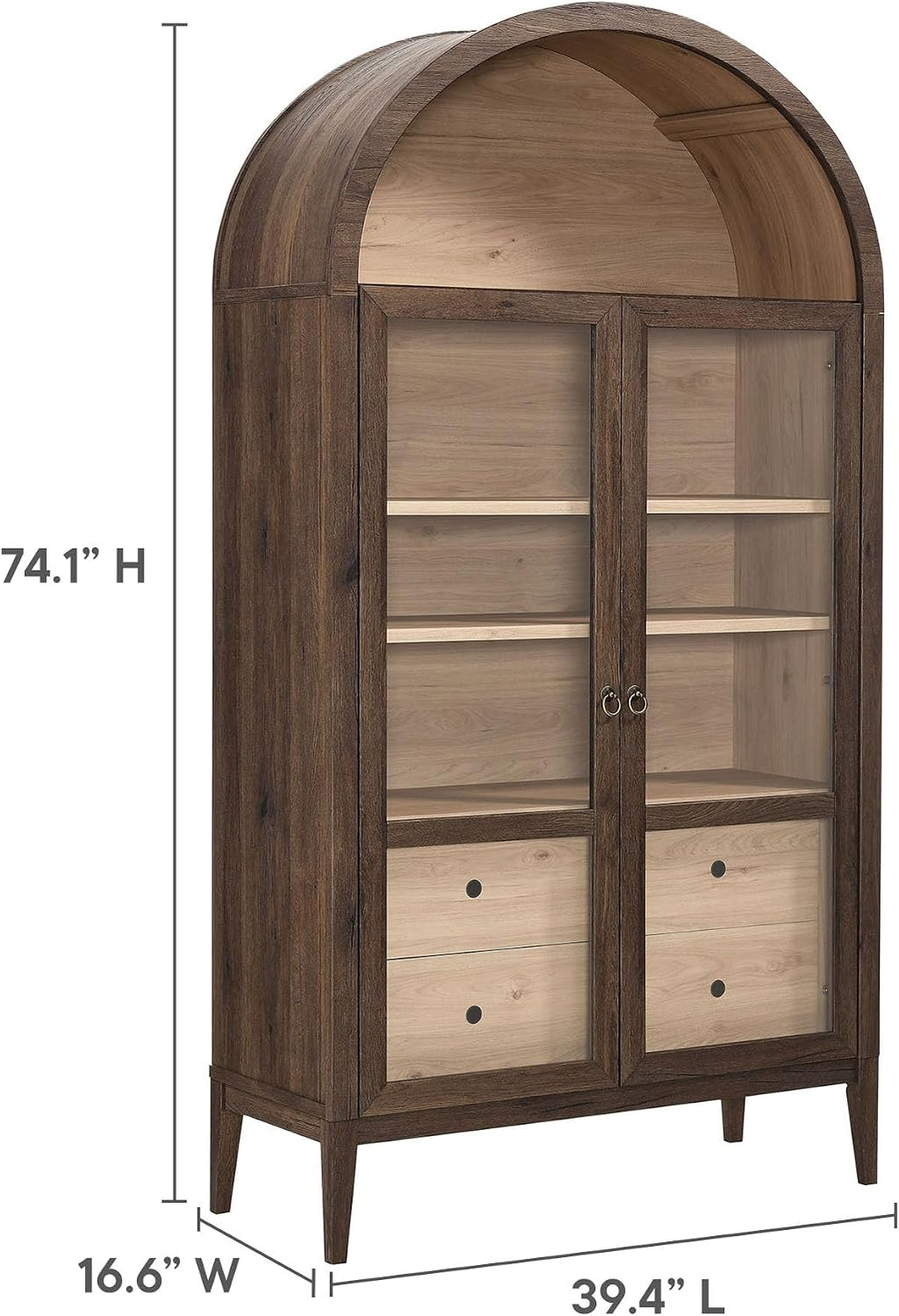 Modway Nolan Tall Arched Storage Display Cabinet in Walnut Light Oak - 74 Inch Arch Bookshelf with Glass Doors, Shelves and Drawers - Modern Accent Cabinet for Living Room, Dining Room