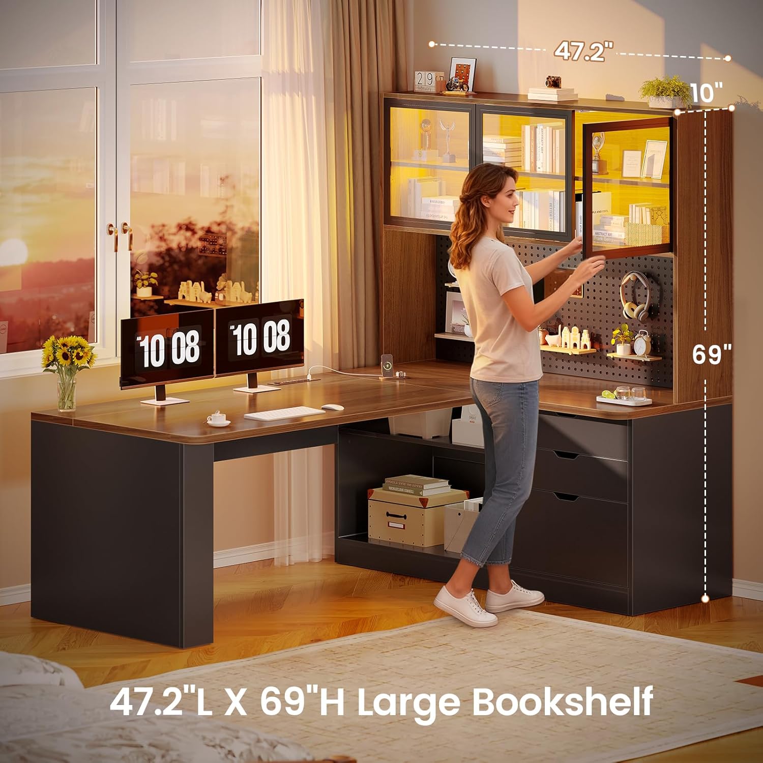 SEDETA L Shaped Office Desk, Computer Desk with 3 Wood Drawer and Large Bookshelf, L Shaped Corner Gaming Desk with LED Light, Display Cabinet and Pegboard, 27.5' W Large Desktop Table, Brown