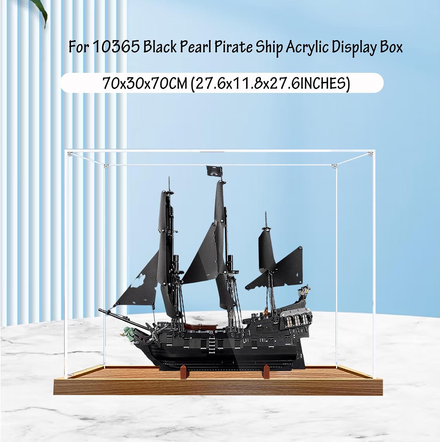 Acrylic Display Case for Lego 10365 Black Pearl Pirate Ship Model, 3mm Dustproof Display Box, Display Case Compatible with Lego 10365 (Model Not Included) (Transparent 3MM Wooden Base)