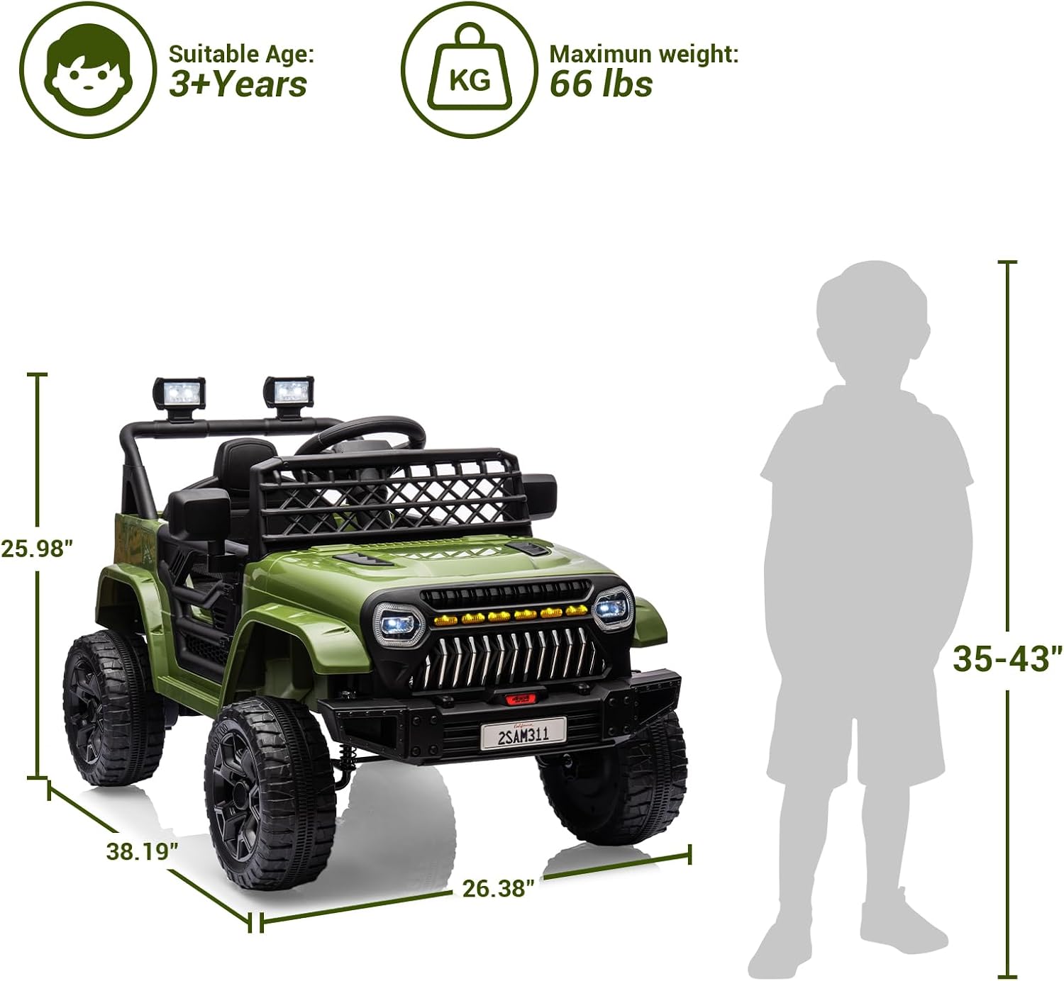 12V Ride On Car for Kids Electric Vehicle Toddlers Battery Powered Truck Car Toy with Remote Control, 4-Wheel Suspension, Battery Display, LED Lights, Music, for Boys Girls, Army Green