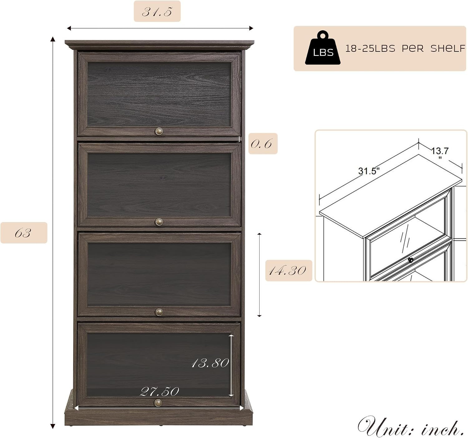 Tall Bookcase with Glass Doors, 63' H Farmhouse Glass Curio Display Cabinet with Flip up Doors, Elegant Storage Cabinet with 4-Tier Shelves, Rack for Living Room (Brown)