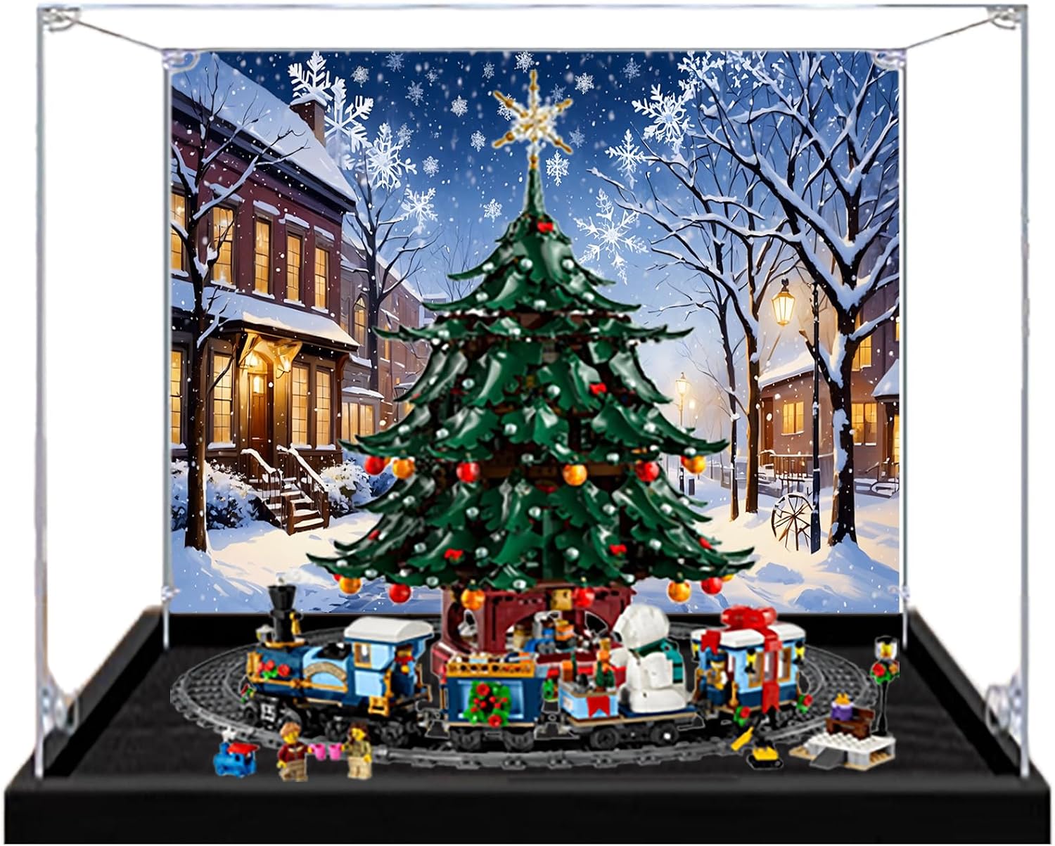 Acrylic Display Case for Lego 41843 Family Christmas Tree+10361 Express Train Building Set– Dustproof Display Box, Display Box Compatible with Lego 41843 10361-Only Display case (Back Spray 1)