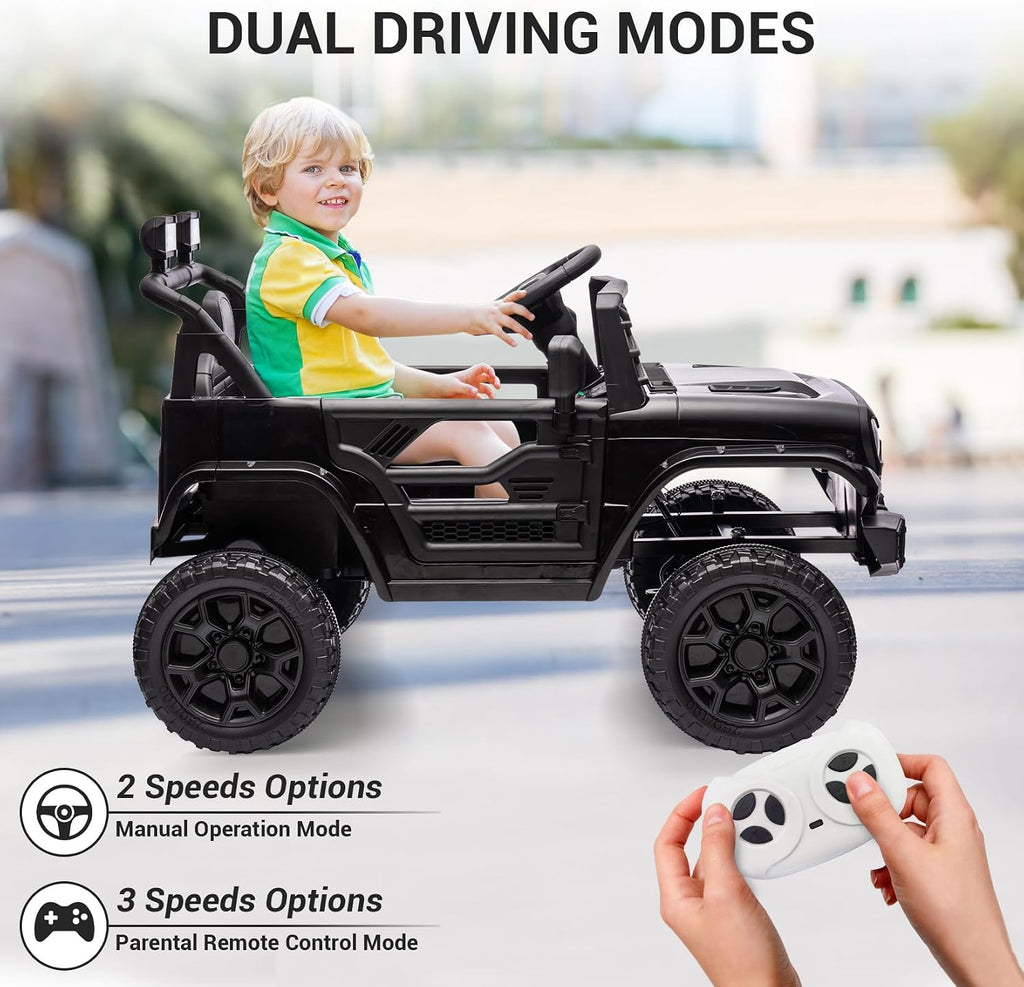 12V Ride On Car for Kids Electric Vehicle Toddlers Battery Powered Truck Car Toy with Remote Control, 4-Wheel Suspension, Battery Display, LED Lights, Music, for Boys Girls, Black