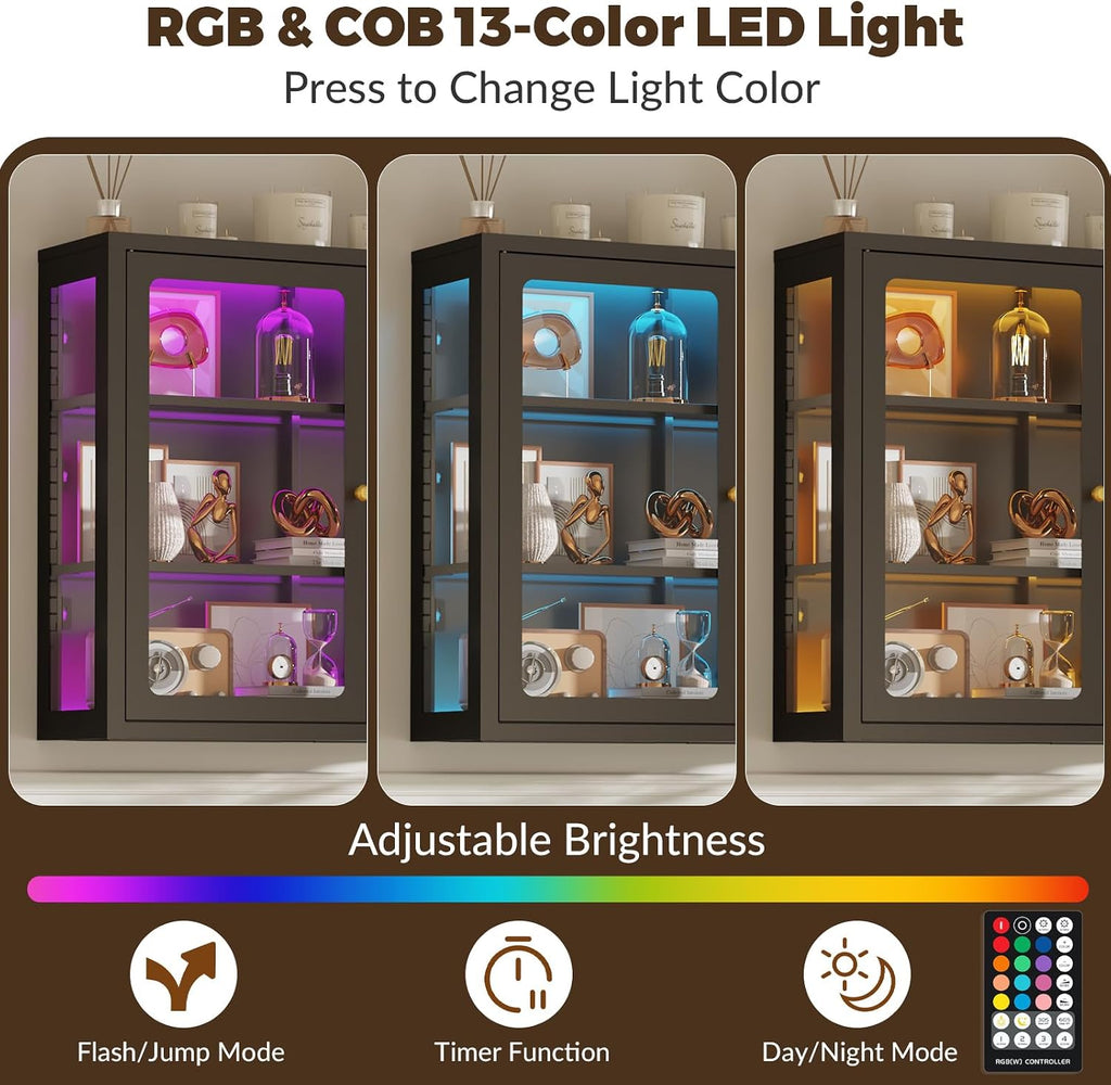 Bathroom Wall Cabinet with 13-Color Light, Wall Mounted 3-Sided Glass Display Cabinet with Adjustable Shelves, Floating Metal Medicine Storage Cabinet for Kitchen Living Room, Black