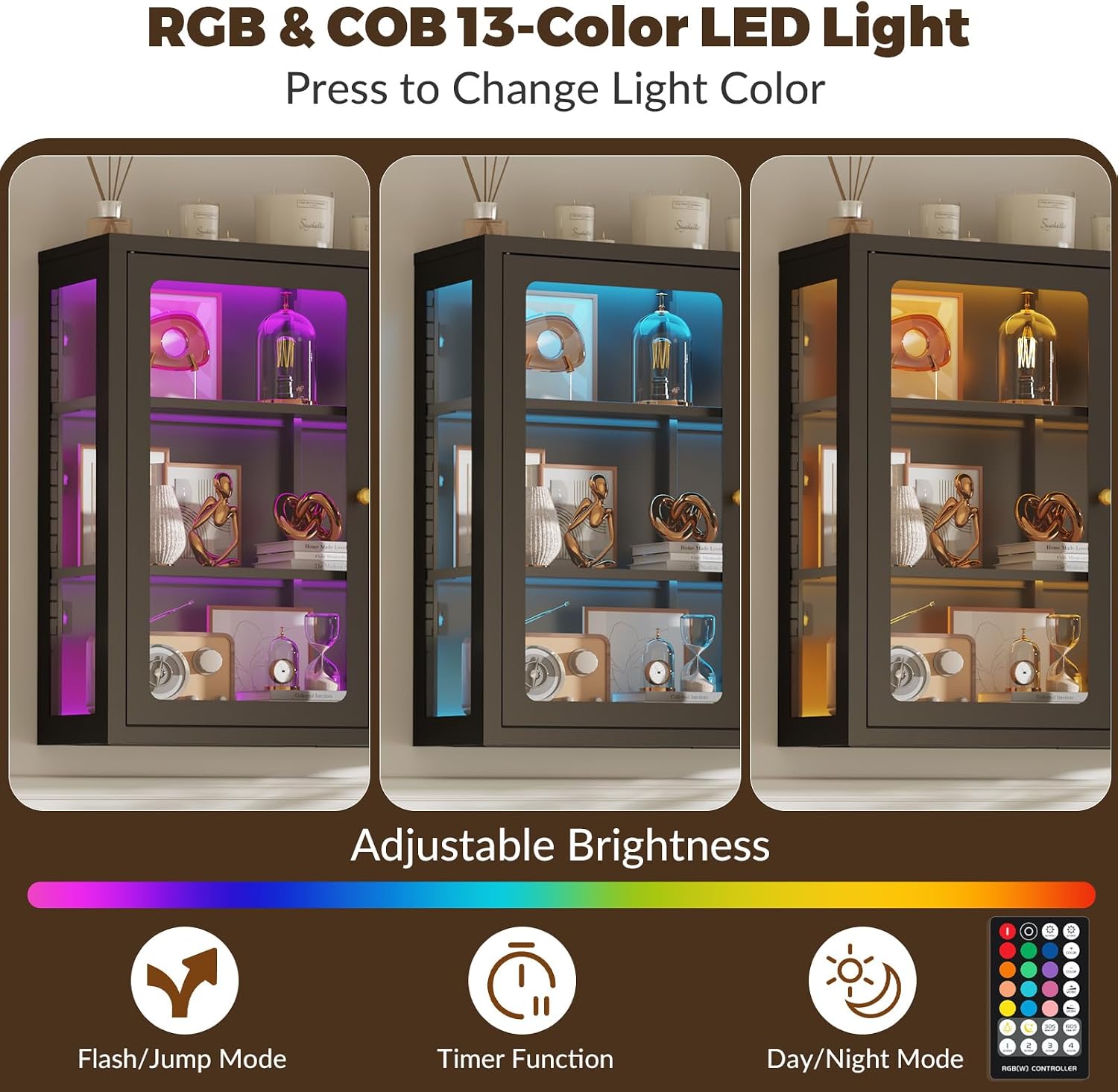 Bathroom Wall Cabinet with 13-Color Light, Wall Mounted 3-Sided Glass Display Cabinet with Adjustable Shelves, Floating Metal Medicine Storage Cabinet for Kitchen Living Room, Black
