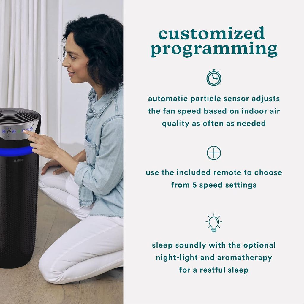 Homedics 5-in-1 UV-C Air Purifier - 360-Degree HEPA Filter for 1,593 Sq Ft, Extra Large Air Purifiers for Bedroom and Home, Essential Oil Pads, Built-In Timer, 5 Speed Settings for Large Rooms, Black