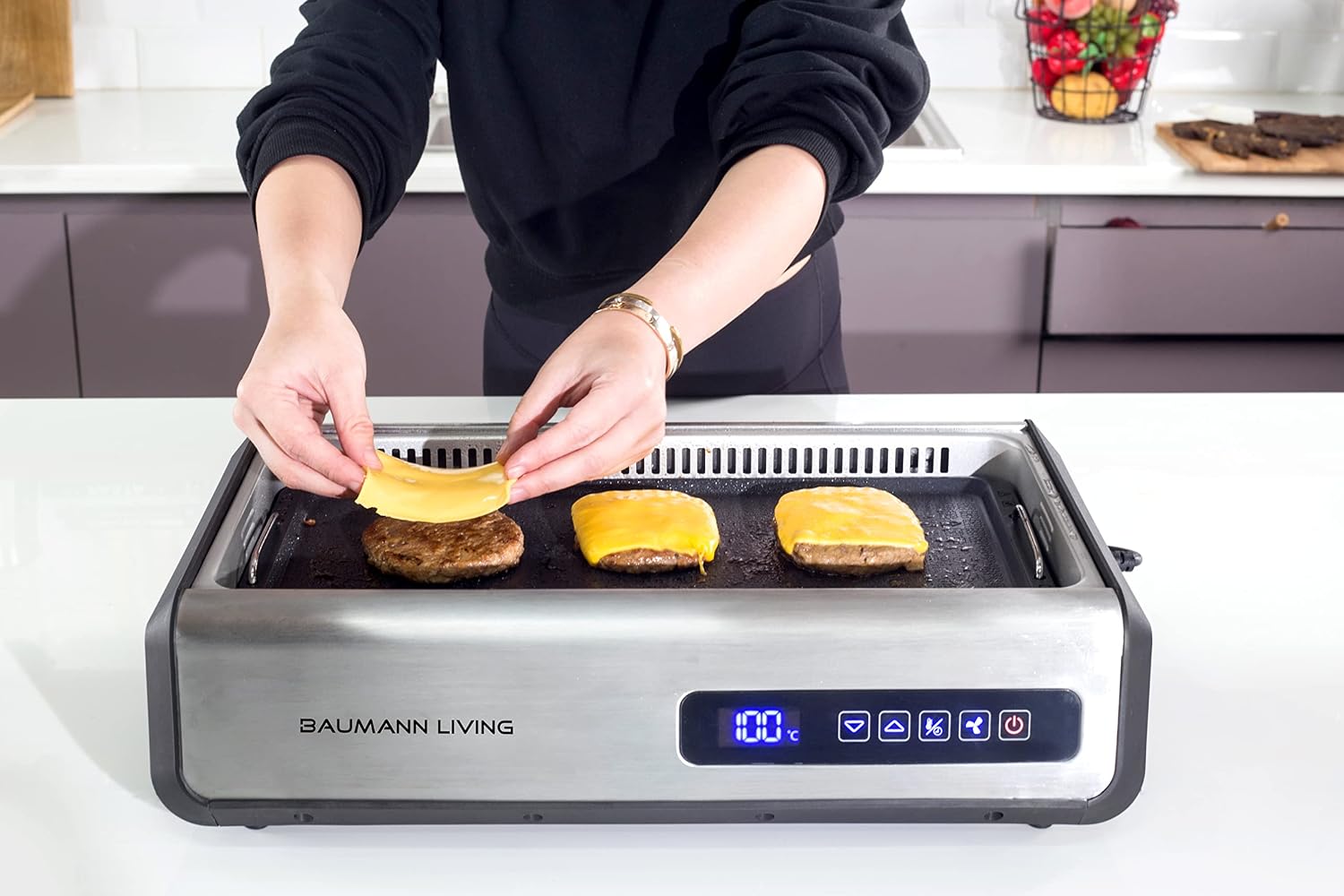 Indoor Smokeless Grill 1500W with Smart LED Touch Screen, Tempered Glass Lid, 2 Removable Ceramic Nonstick Grill & Griddle Plate, in a Modern Stainless Steel Design.