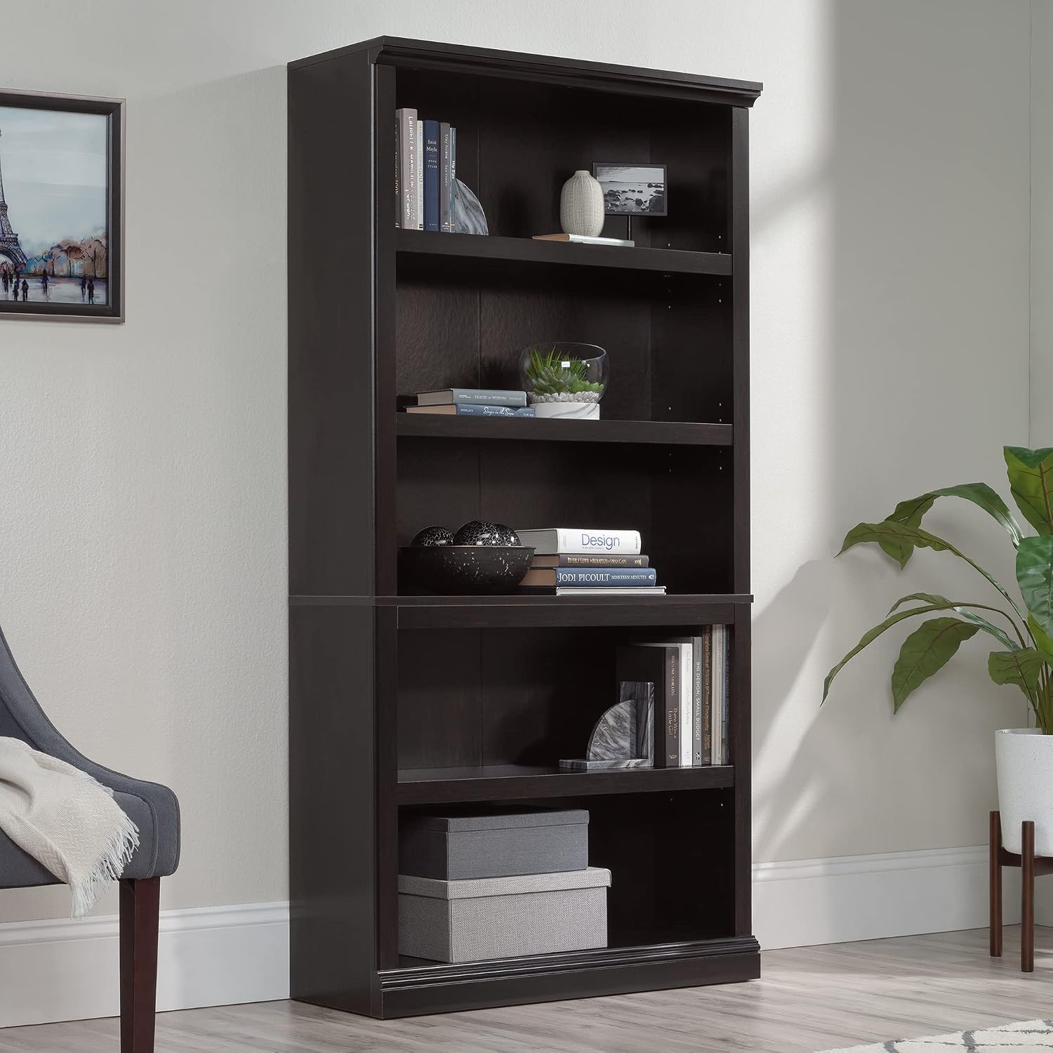 Sauder 5 Tier Book Shelf Wooden Bookcase Multipurpose Bookshelf for Home Office, Living Room, in Estate Black finish