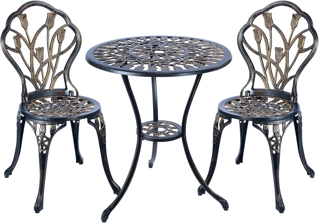 C/G 3 Piece Bistro Set,Outdoor Patio Set,Anti-Rust Cast Aluminum Bistro Table Set for Park Yard Front Porch Furniture(Antique Copper)