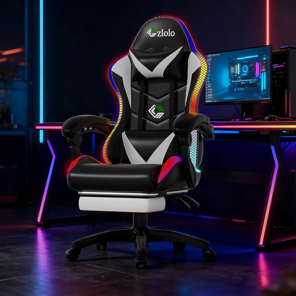 Czlolo Gaming Chair, Racing Style RGB LED Lights Gaming Chairs for Adults and Kids, Lumbar Massager Gamer Chair, High Back Reclining Computer Chair with Footrest and Headrest (Black/White)