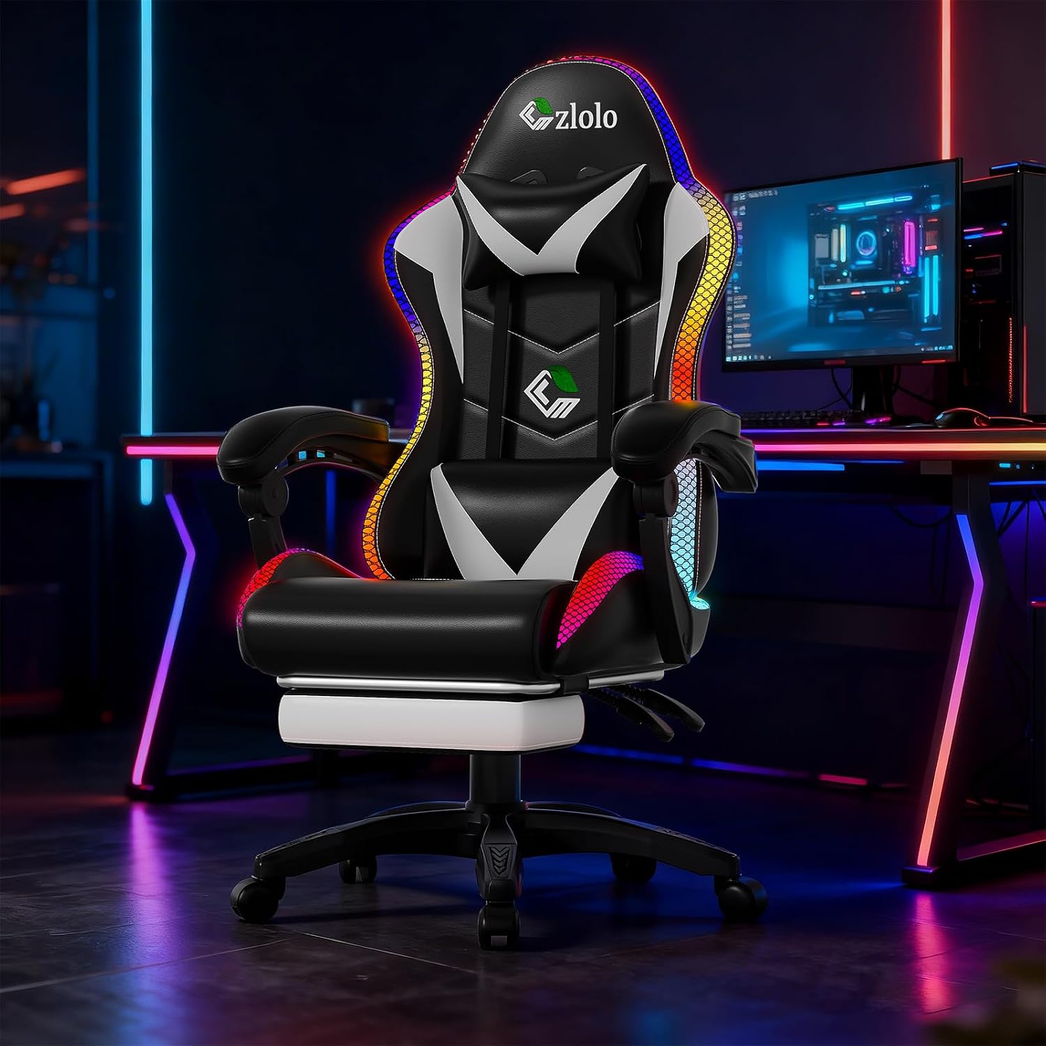 Czlolo Gaming Chair, Racing Style RGB LED Lights Gaming Chairs for Adults and Kids, Lumbar Massager Gamer Chair, High Back Reclining Computer Chair with Footrest and Headrest (Black/White)
