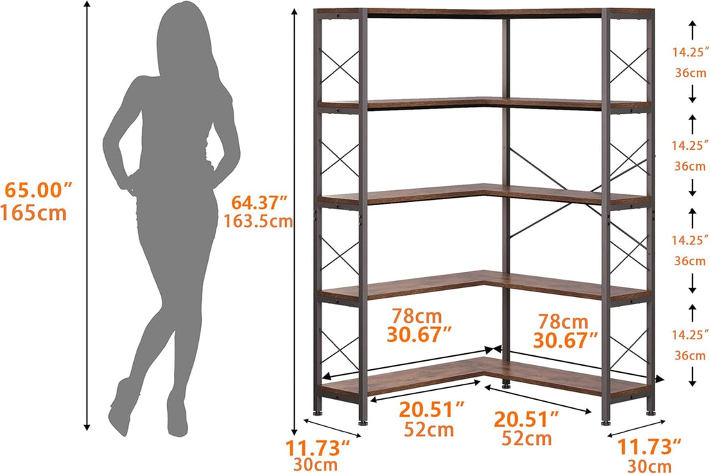 Wildhome 5-Shelf Corner Bookshelf, Vintage Industrial L-Shaped Bookshelf Etagere Bookcase, Large Book Shelf with Metal Frame Open Storage Corner Cabinet (Retro Brown-5 Shelf)