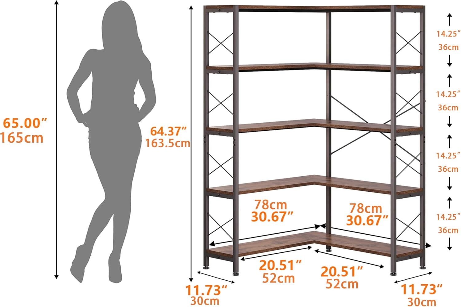 Wildhome 5-Shelf Corner Bookshelf, Vintage Industrial L-Shaped Bookshelf Etagere Bookcase, Large Book Shelf with Metal Frame Open Storage Corner Cabinet (Retro Brown-5 Shelf)