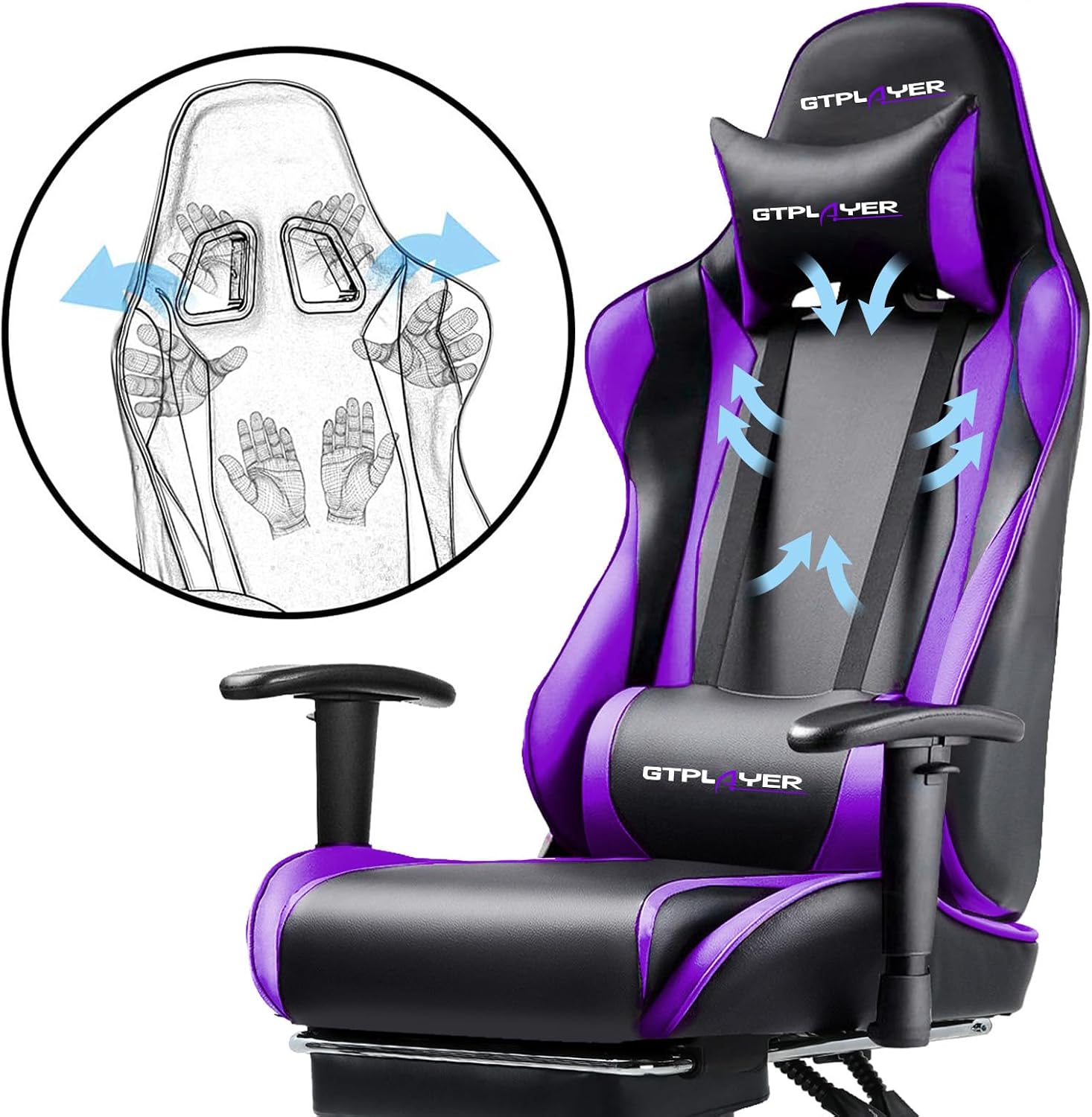 GTPLAYER Gaming Chair with Footrest, Ergonomic Computer Game Desk Chair, Reclining Game Chair Seat Height Adjustment, Swivel Rocker with Headrest and Lumbar (Purple)