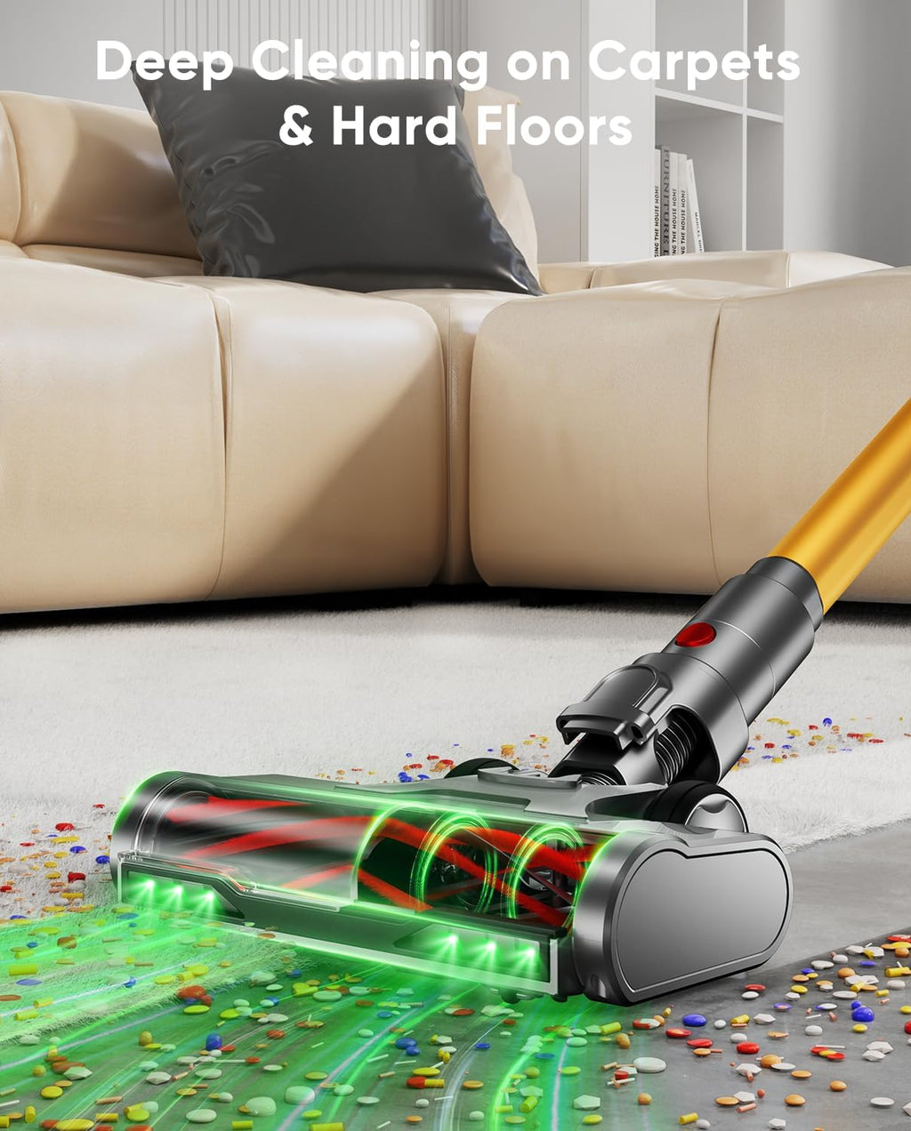 Cordless Vacuum Cleaner, 650W/55KPA, Max 70 Mins Runtime, Self-Standing Vacuum Cleaners for Home, Anti-Tangle Stick Vacuum, Smart Display Vacuum Cordless with 1.8L Cup for Pet Hair/Carpet (Gold)