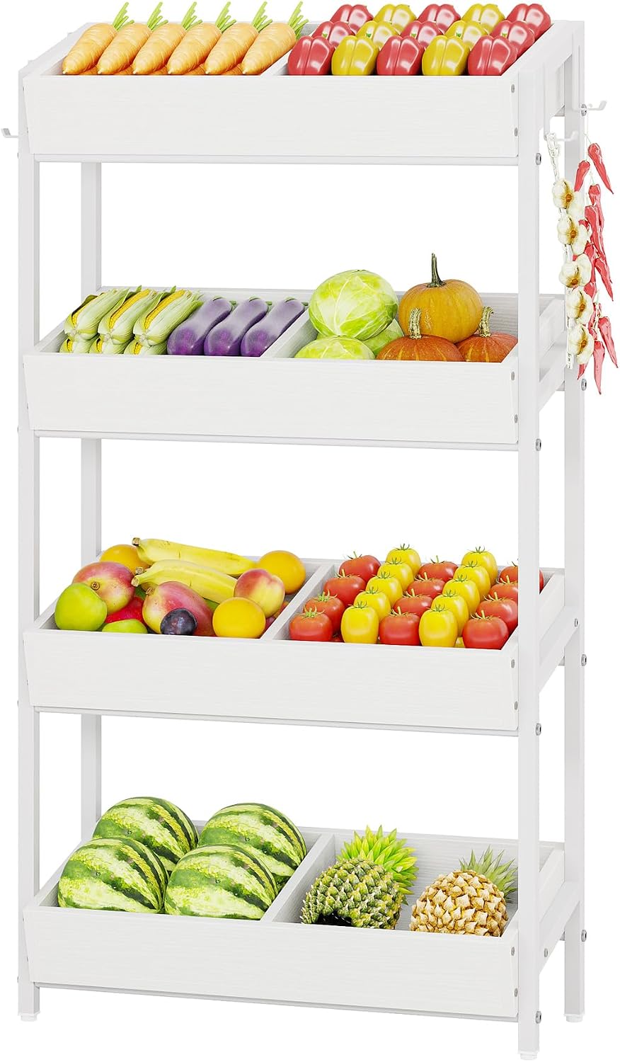 Tribesigns Wood Fruit and Vegetable Basket Stand Rack for Kitchen, Office, Store, Supremarket, Pantry Shelf Unit for Snacks, 4-Tier Wooden Utility Storage Shelves (White)