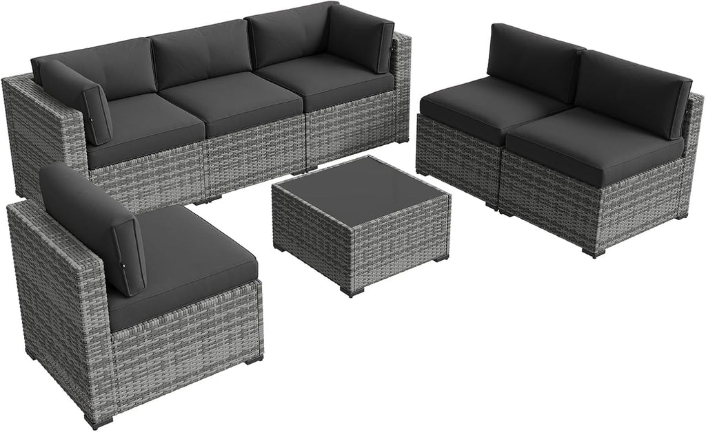 Aoxun Patio Furniture Sets, 7-Piece Outdoor Patio Furniture with Thick Cushions, Wicker Outdoor Conversation Set Sectional Sofa for Backyard, Poolside, Garden (Black-Grey, 7 x 25.6 - Seats)