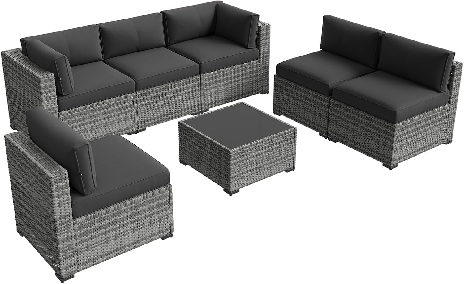 Aoxun Patio Furniture Sets, 7-Piece Outdoor Patio Furniture with Thick Cushions, Wicker Outdoor Conversation Set Sectional Sofa for Backyard, Poolside, Garden (Black-Grey, 7 x 25.6 - Seats)