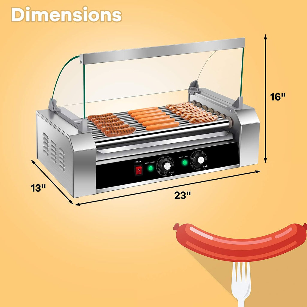 Happygrill Hot Dog Roller Machine, Electric Sausage Grill w/ 18 Hot Dog, 7 Non-Stick,Removable Stainless Steel Drip Tray and Glass Hood Cover,Commercial Household Hot Dog Grill Cooker