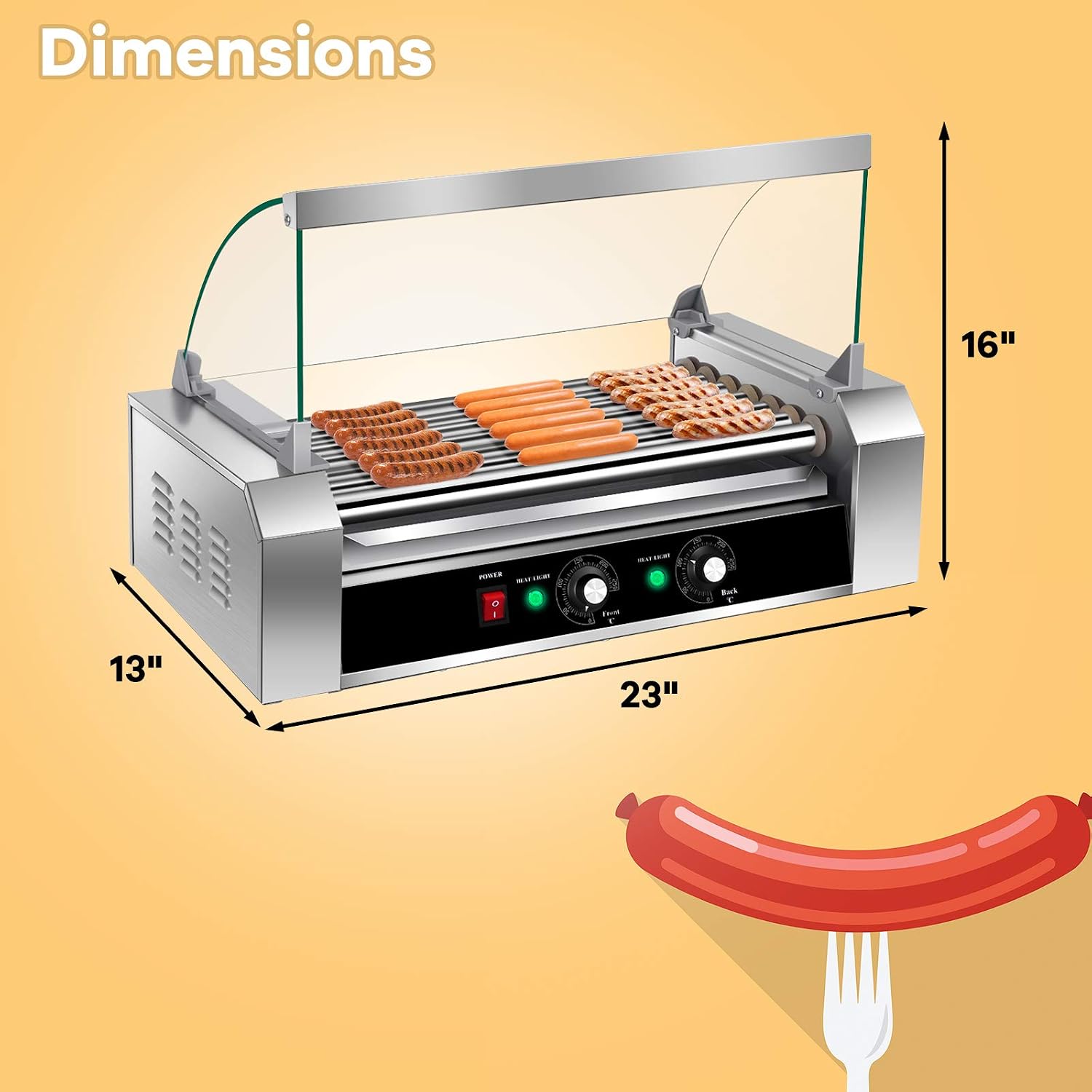Happygrill Hot Dog Roller Machine, Electric Sausage Grill w/ 18 Hot Dog, 7 Non-Stick,Removable Stainless Steel Drip Tray and Glass Hood Cover,Commercial Household Hot Dog Grill Cooker