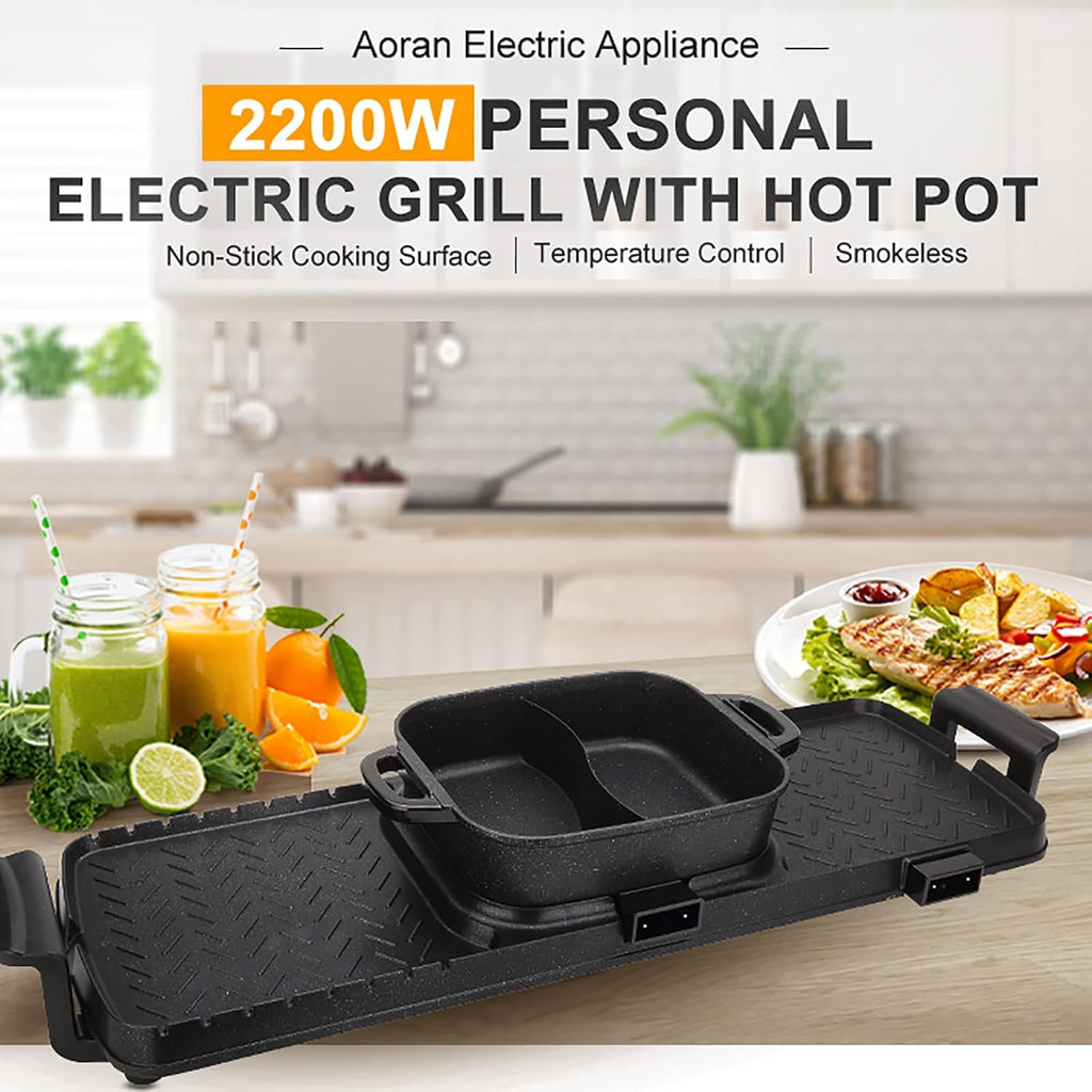 3 in 1 Hot Pot Grill BBQ Electric Grill Hot Pot Smokeless Barbecue Machine Non-Stick Pan for Indoor and Outdoor Electric Grill Indoor Hot Pot Combo, 2200W Capacity Multifunctional