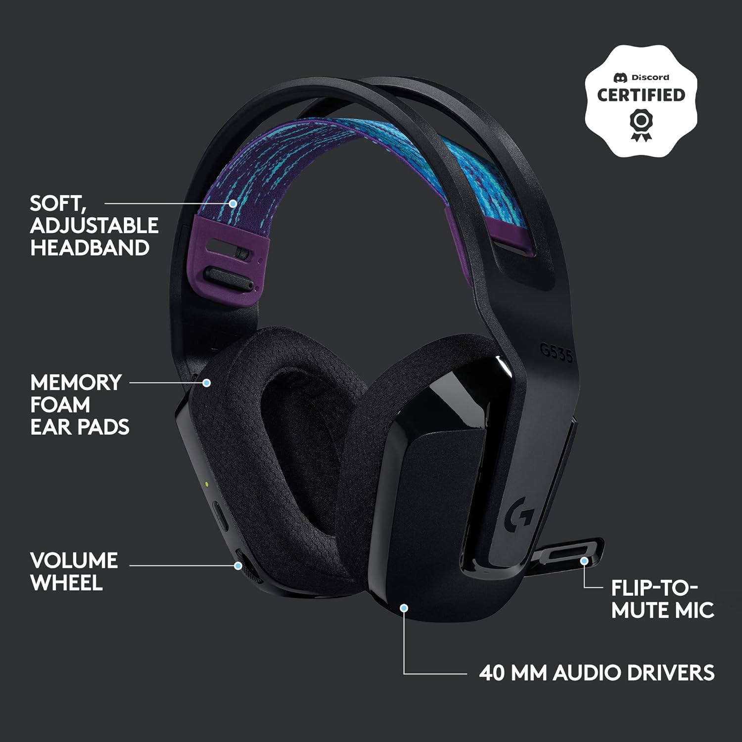 Logitech G535 Lightspeed Wireless Gaming Headset + Litra Beam LX Premium Dual-Sided RGB LED Streaming Key Light with TrueSoft - Black