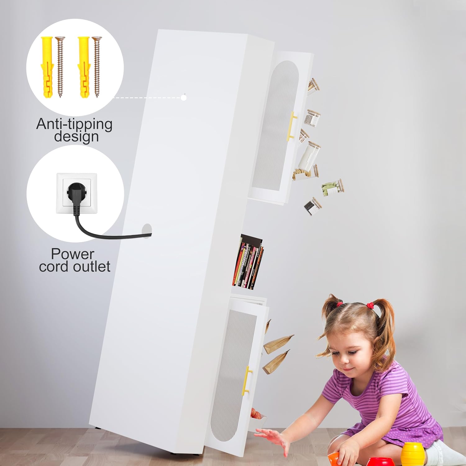 GAIOUS 63.6' Farmhouse Corner Cabinet, Tall Metal Pantry Storage Cabinet with 4 Acrylic Glass Doors & 1 Open Bar Shelf, Corner Cupboard for Kitchen Bathroom Living Room Bedroom Hallways (White)