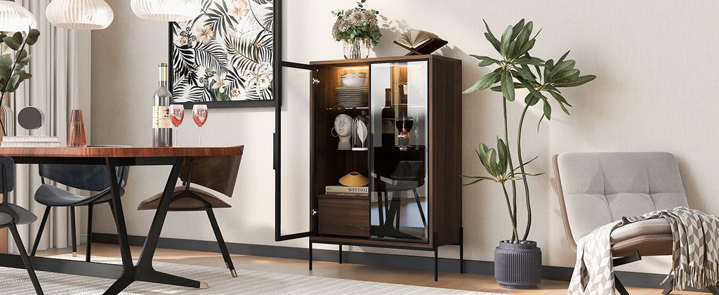 51' Minimalist Aluminum-Frame Showcase Cabinet, Lego Display Case with LED Lighting, Lego Display Shelves with Adjustable Glass Shelves & Drawers for Home Office Living Room, Black + Dark Walnut